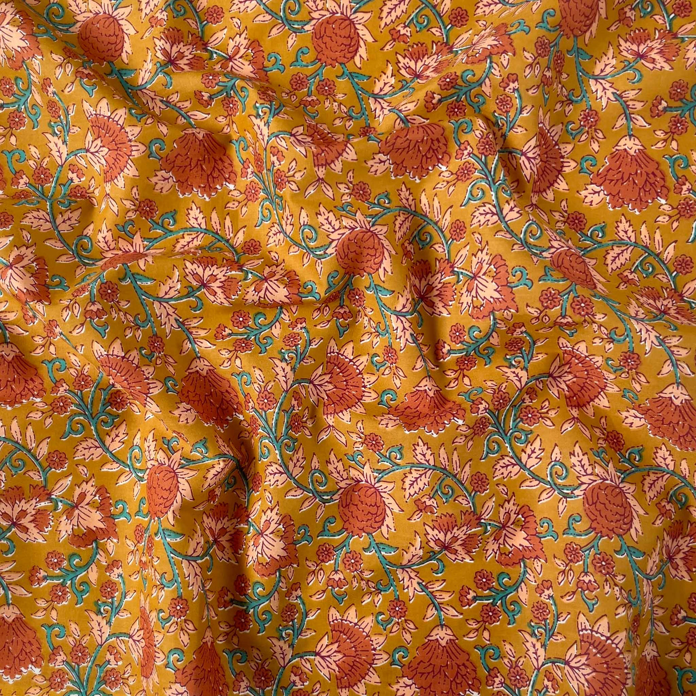 Egyptian Giza Cotton Shirting Cut Piece (CUT PIECE) Mustard & Peach Egyptian Floral Vines Screen Printed Pure Cotton Fabric (Width 43 inches)