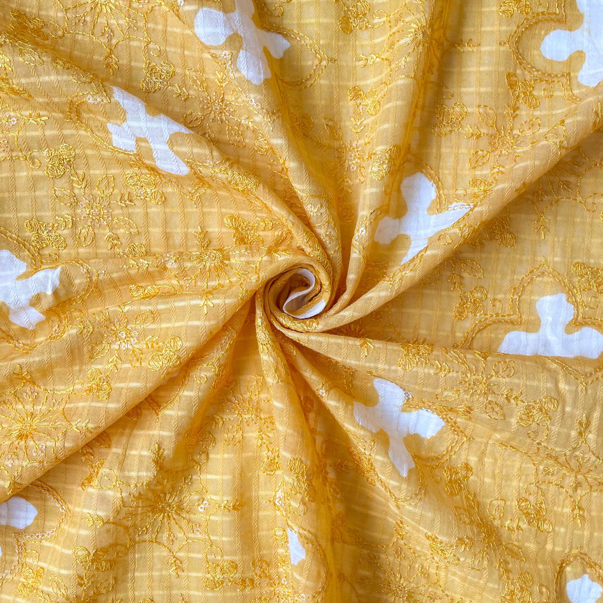 Embroidered Fabrics Blouse Piece Bright Yellow Sequence Embroidered Batik Printed Pure Cotton Dobby Checks Blouse Piece (1 Meter Piece | Width 42 Inches)