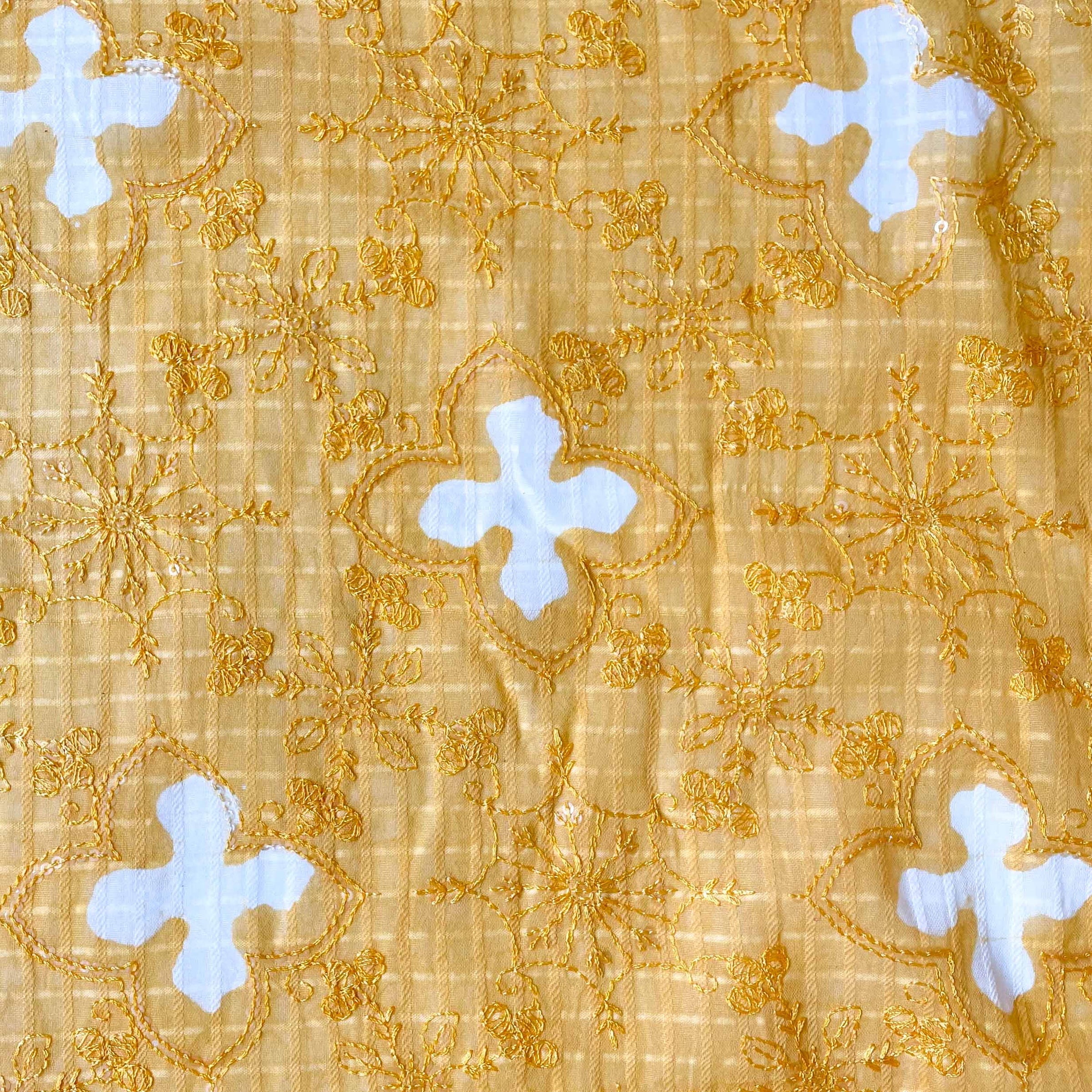Embroidered Fabrics Blouse Piece Bright Yellow Sequence Embroidered Batik Printed Pure Cotton Dobby Checks Blouse Piece (1 Meter Piece | Width 42 Inches)