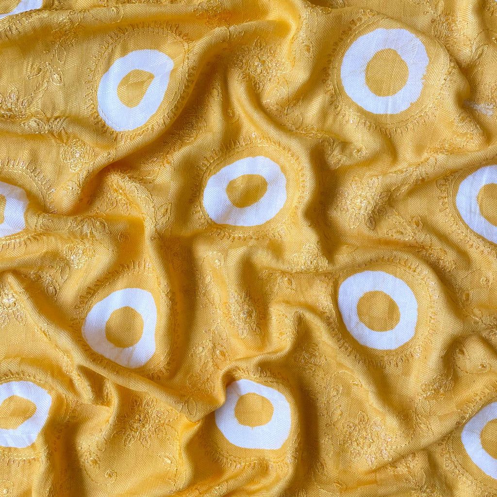 Embroidered Fabrics Blouse Piece Bright Yellow Sequence Embroidered Batik Printed Pure Shantoon Dobby Checks Blouse Piece (1 Meter Piece | Width 42 Inches)