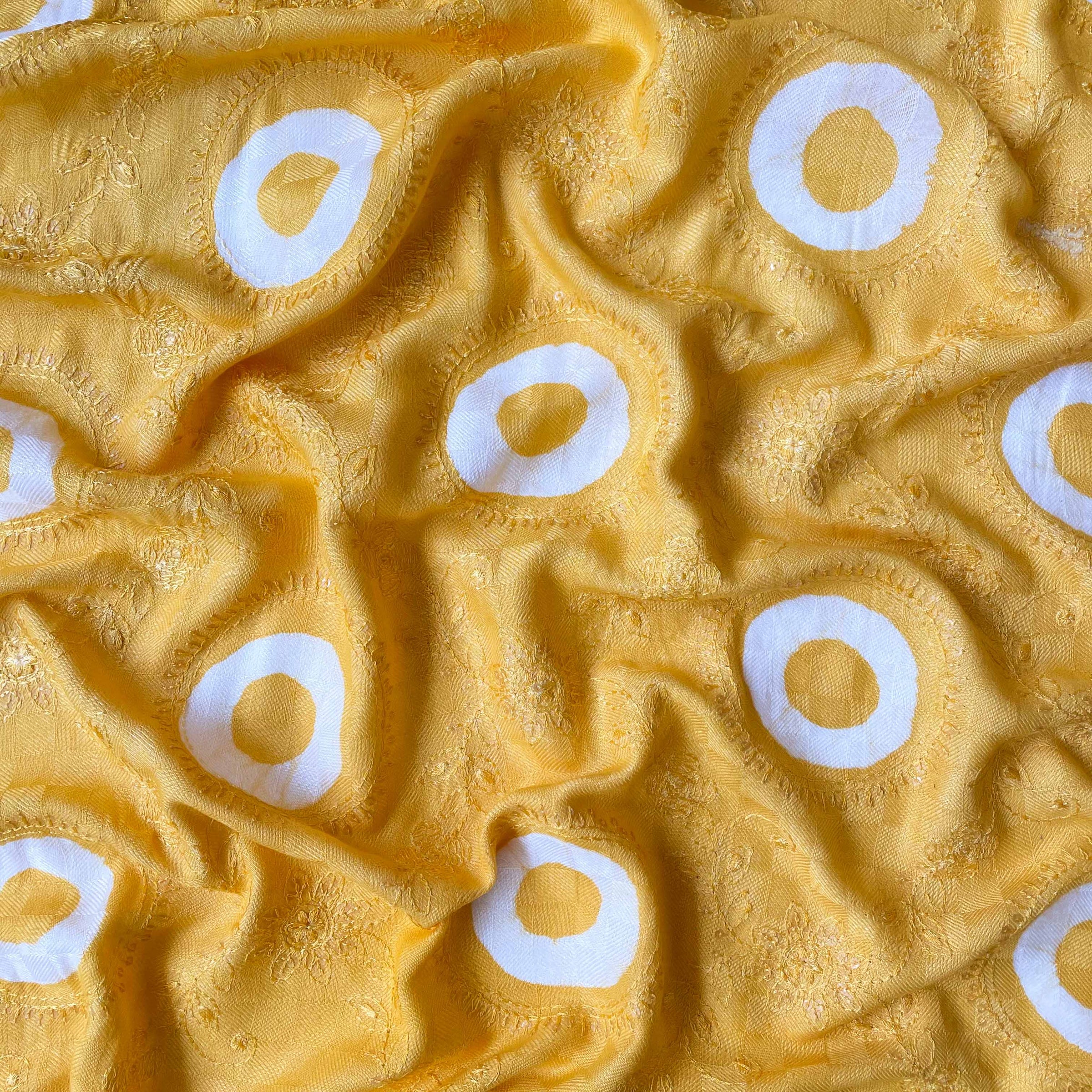 Embroidered Fabrics Blouse Piece Bright Yellow Sequence Embroidered Batik Printed Pure Shantoon Dobby Checks Blouse Piece (1 Meter Piece | Width 42 Inches)