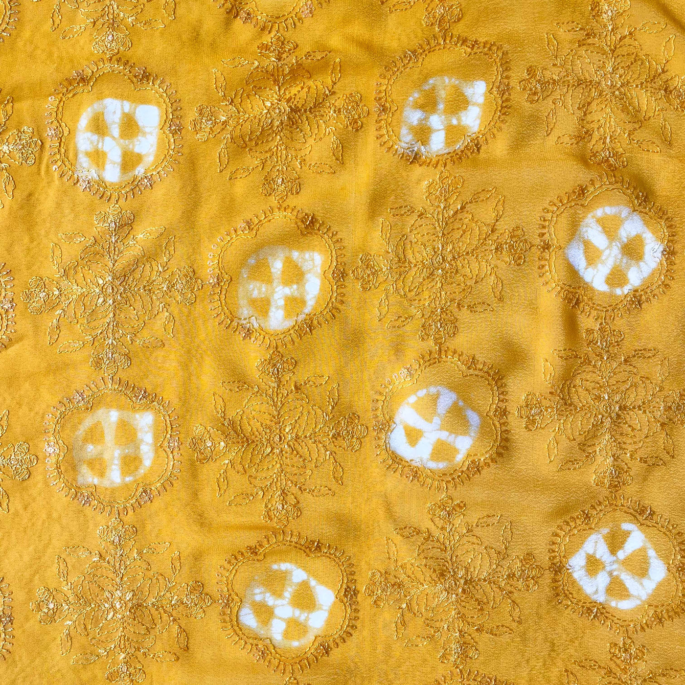 Embroidered Fabrics Cut Piece 1 MTR (CUT PIECE) Bright Yellow Sequence Embroidered Batik Printed Pure Crepe Fabric (Width 42 Inches)