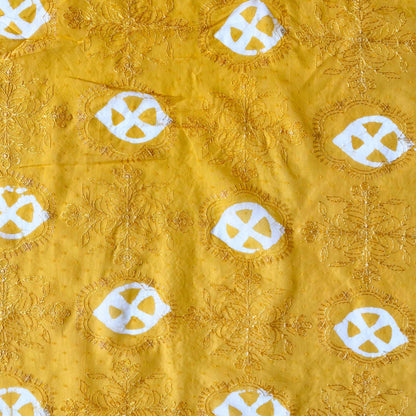 Embroidered Fabrics Fabric Bright Yellow Sequence Embroidered Batik Printed Pure Cotton Dobby Butta Fabric (Width 42 Inches)