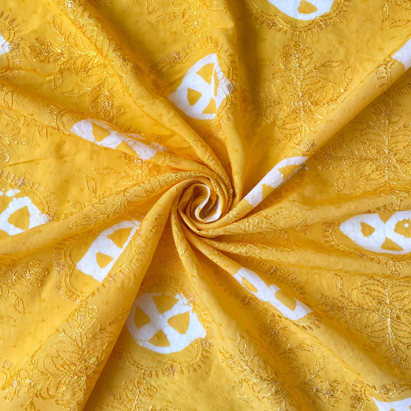 Embroidered Fabrics Fabric Bright Yellow Sequence Embroidered Batik Printed Pure Cotton Dobby Butta Fabric (Width 42 Inches)
