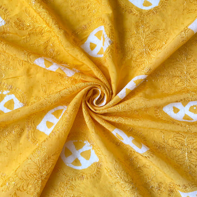 Embroidered Fabrics Fabric Bright Yellow Sequence Embroidered Batik Printed Pure Cotton Dobby Butta Fabric (Width 42 Inches)