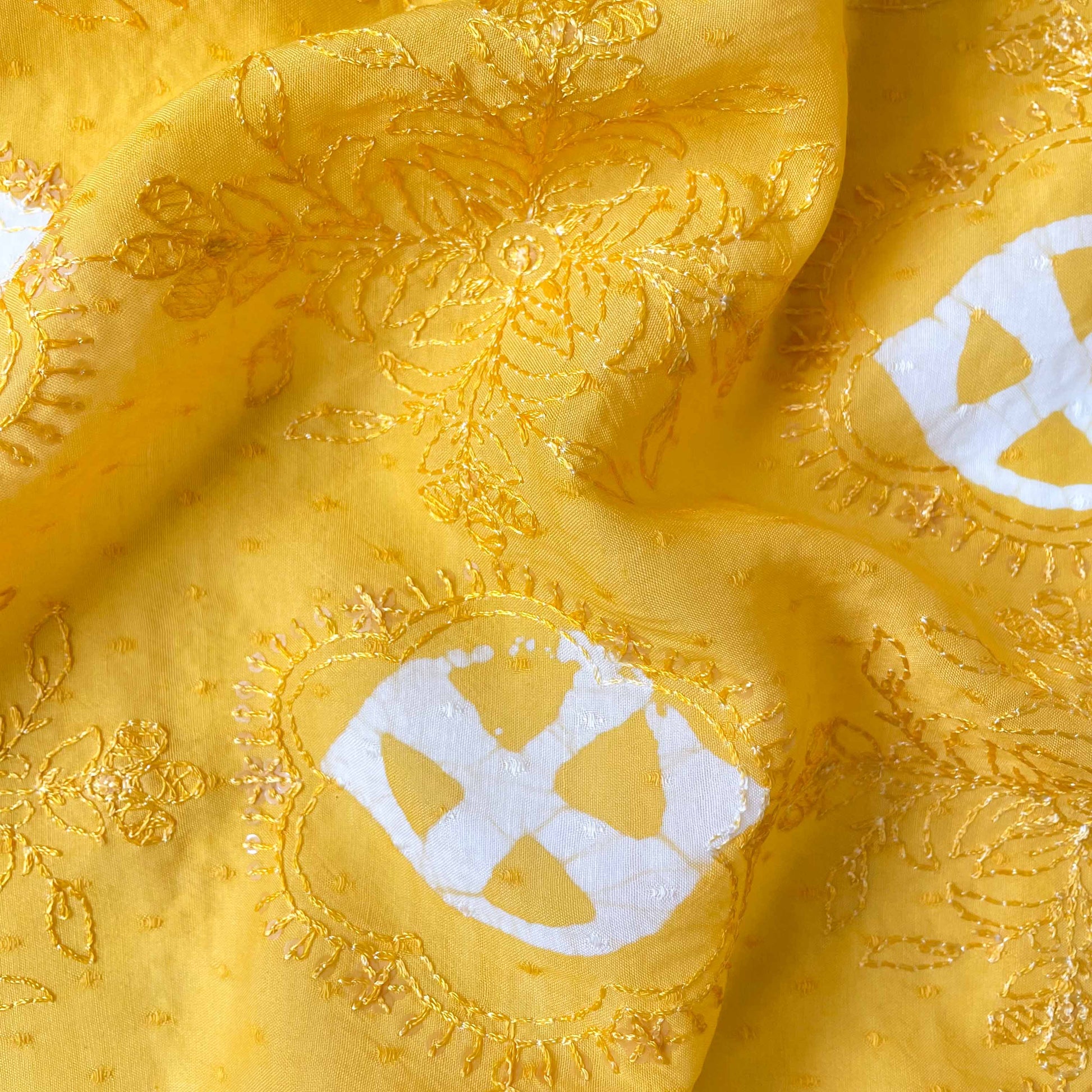 Embroidered Fabrics Fabric Bright Yellow Sequence Embroidered Batik Printed Pure Cotton Dobby Butta Fabric (Width 42 Inches)