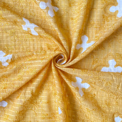 Embroidered Fabrics Fabric Bright Yellow Sequence Embroidered Batik Printed Pure Cotton Dobby Checks Fabric (Width 42 Inches)