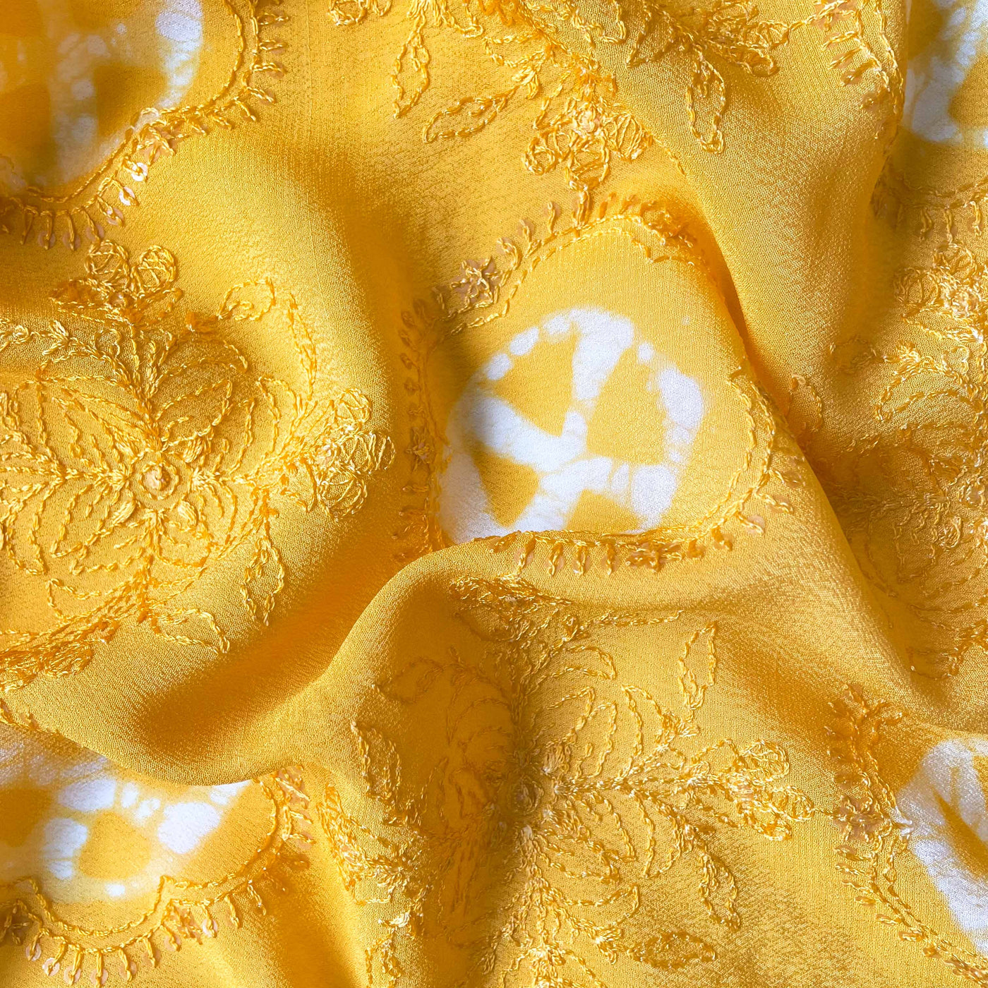 Embroidered Fabrics Fabric Bright Yellow Sequence Embroidered Batik Printed Pure Crepe Fabric (Width 42 Inches)