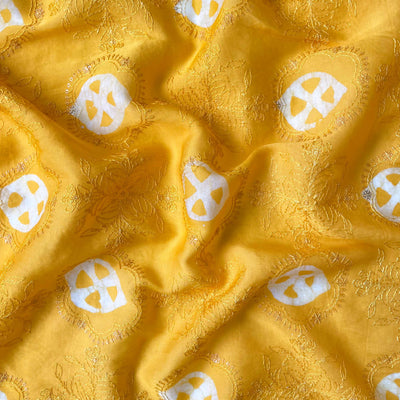 Embroidered Fabrics Fabric Bright Yellow Sequence Embroidered Batik Printed Pure Munga Satin Fabric (Width 42 Inches)