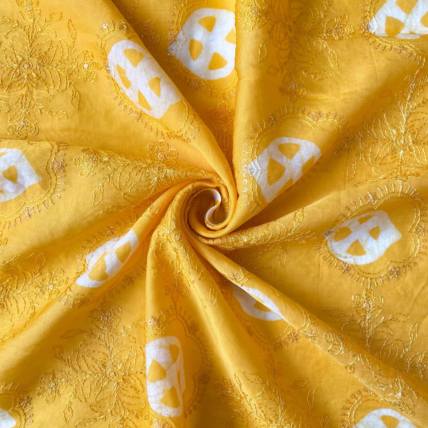 Embroidered Fabrics Fabric Bright Yellow Sequence Embroidered Batik Printed Pure Munga Satin Fabric (Width 42 Inches)