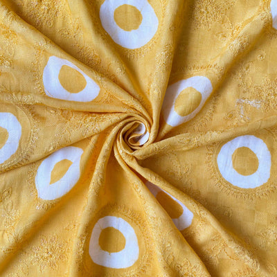 Embroidered Fabrics Fabric Bright Yellow Sequence Embroidered Batik Printed Pure Shantoon Dobby Checks Fabric (Width 42 Inches)