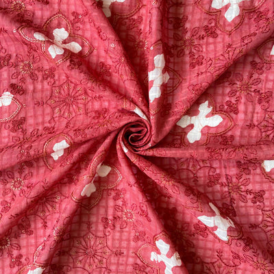 Embroidered Fabrics Fabric Rose Red Sequence Embroidered Batik Printed Pure Cotton Dobby Checks Fabric (Width 42 Inches)