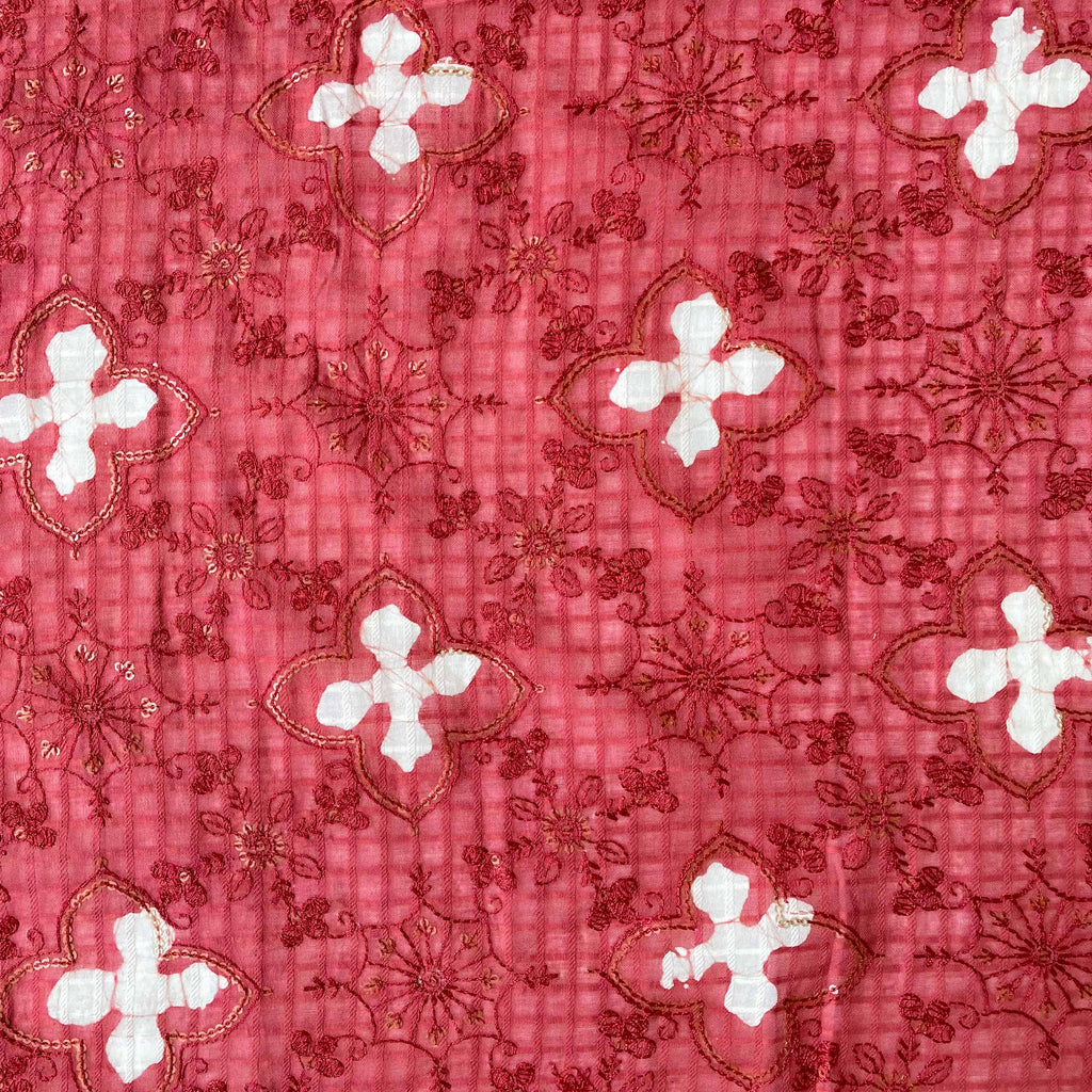 Embroidered Fabrics Fabric Rose Red Sequence Embroidered Batik Printed Pure Cotton Dobby Checks Fabric (Width 42 Inches)
