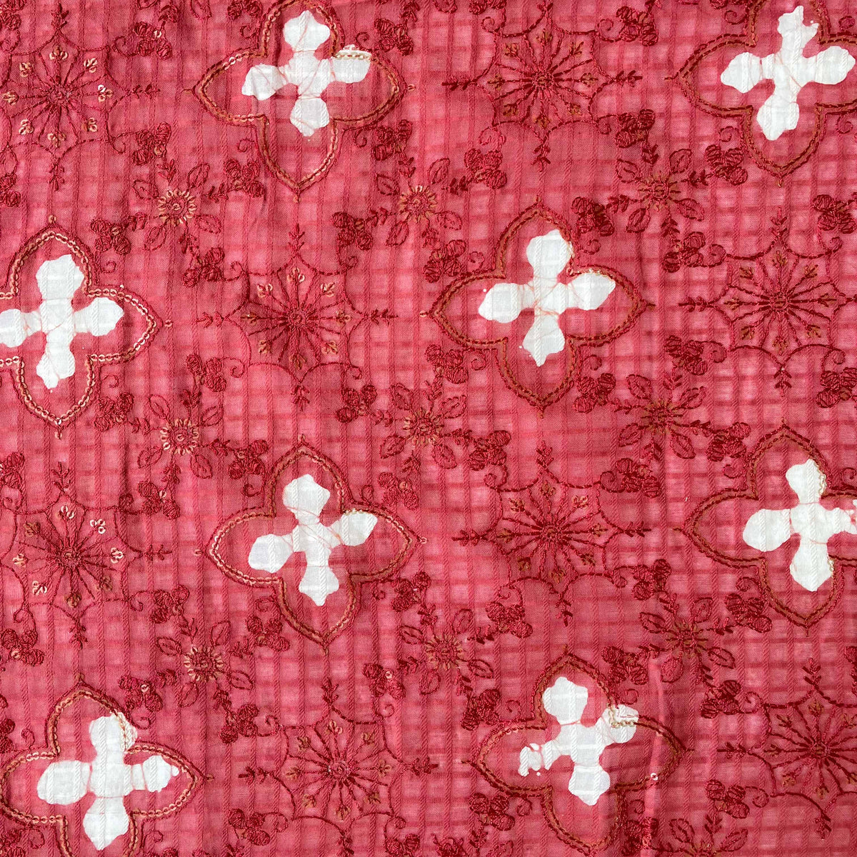 Embroidered Fabrics Fabric Rose Red Sequence Embroidered Batik Printed Pure Cotton Dobby Checks Fabric (Width 42 Inches)