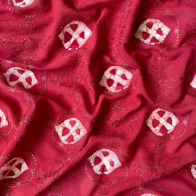 Embroidered Fabrics Fabric Rose Red Sequence Embroidered Batik Printed Pure Crepe Fabric (Width 42 Inches)