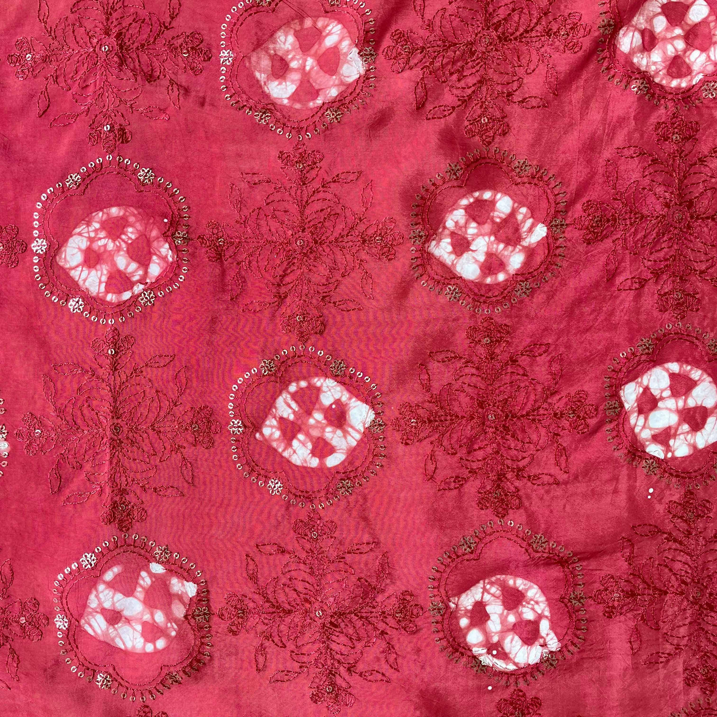 Embroidered Fabrics Fabric Rose Red Sequence Embroidered Batik Printed Pure Crepe Fabric (Width 42 Inches)