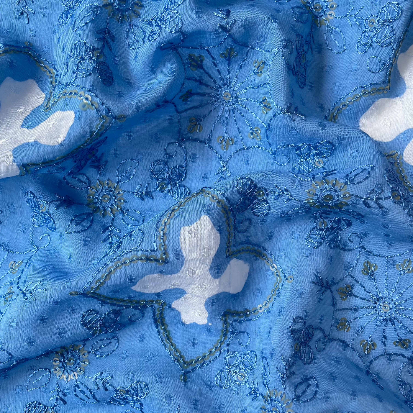 Embroidered Fabrics Fabric Sky Blue Sequence Embroidered Batik Printed Pure Cotton Dobby Butta Fabric (Width 42 Inches)