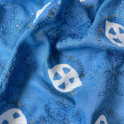 Embroidered Fabrics Fabric Sky Blue Sequence Embroidered Batik Printed Pure Linen Silk Fabric (Width 42 Inches)