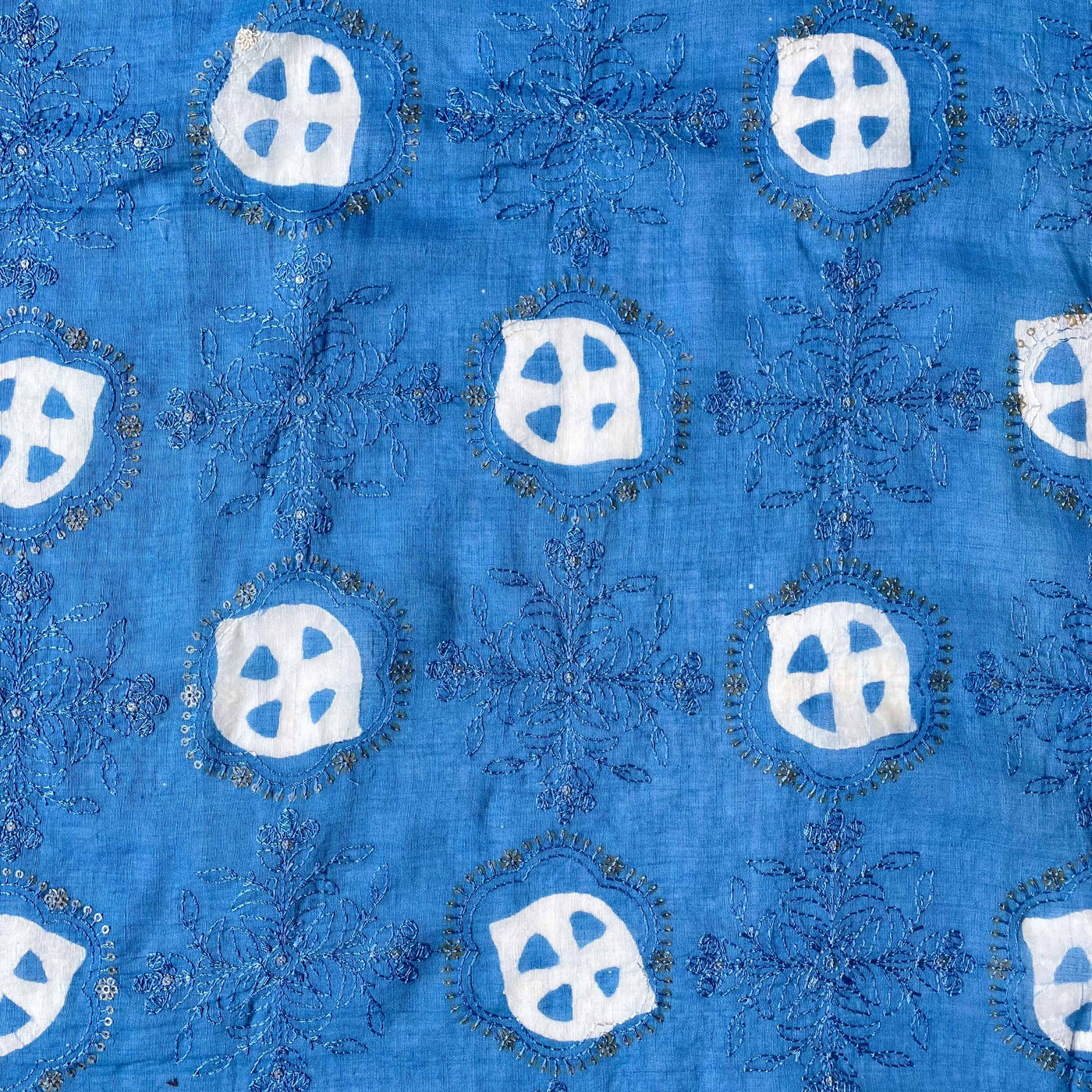 Embroidered Fabrics Fabric Sky Blue Sequence Embroidered Batik Printed Pure Linen Silk Fabric (Width 42 Inches)