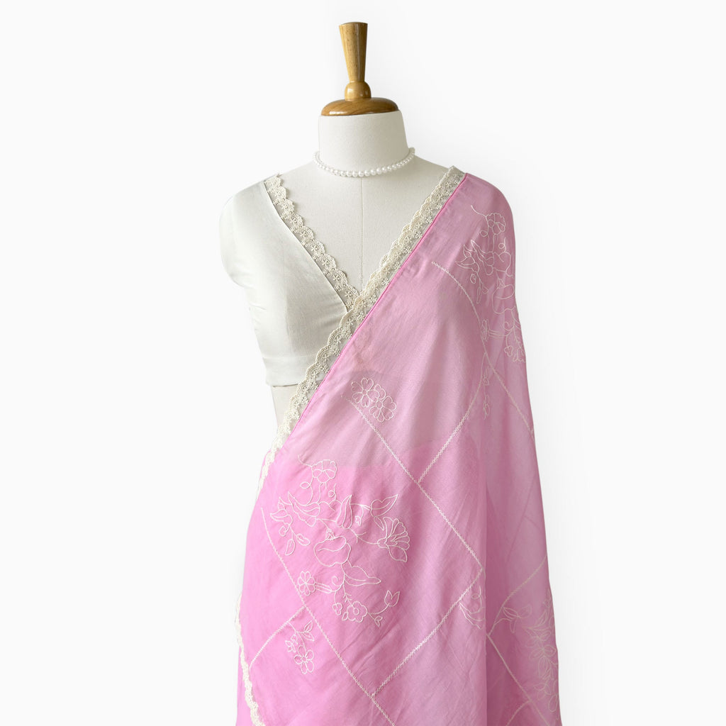 Embroidered Saree Saree Blush Pink & Off-White Mul Chanderi Saree