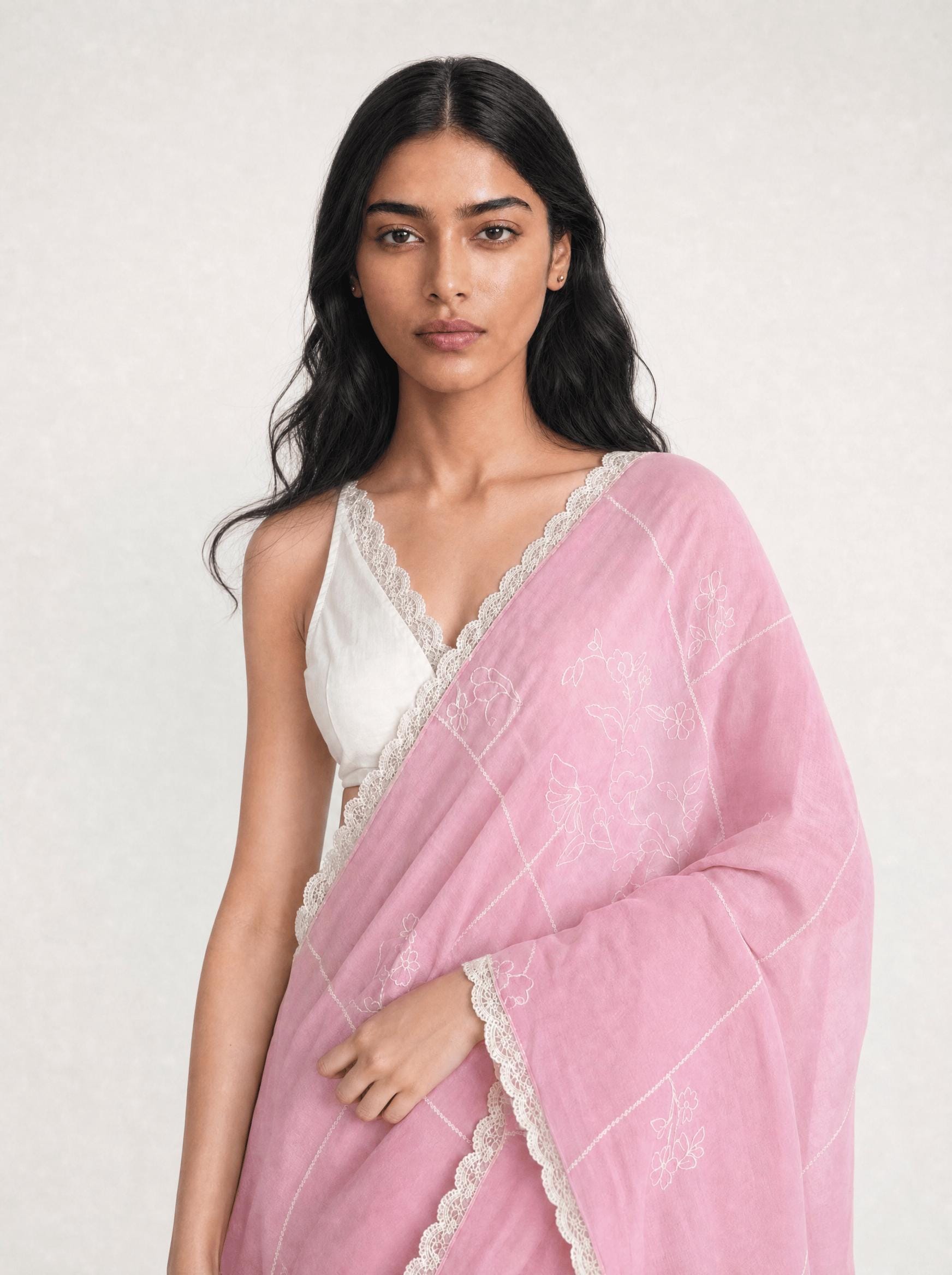 Embroidered Saree Saree Blush Pink & Off-White Mul Chanderi Saree