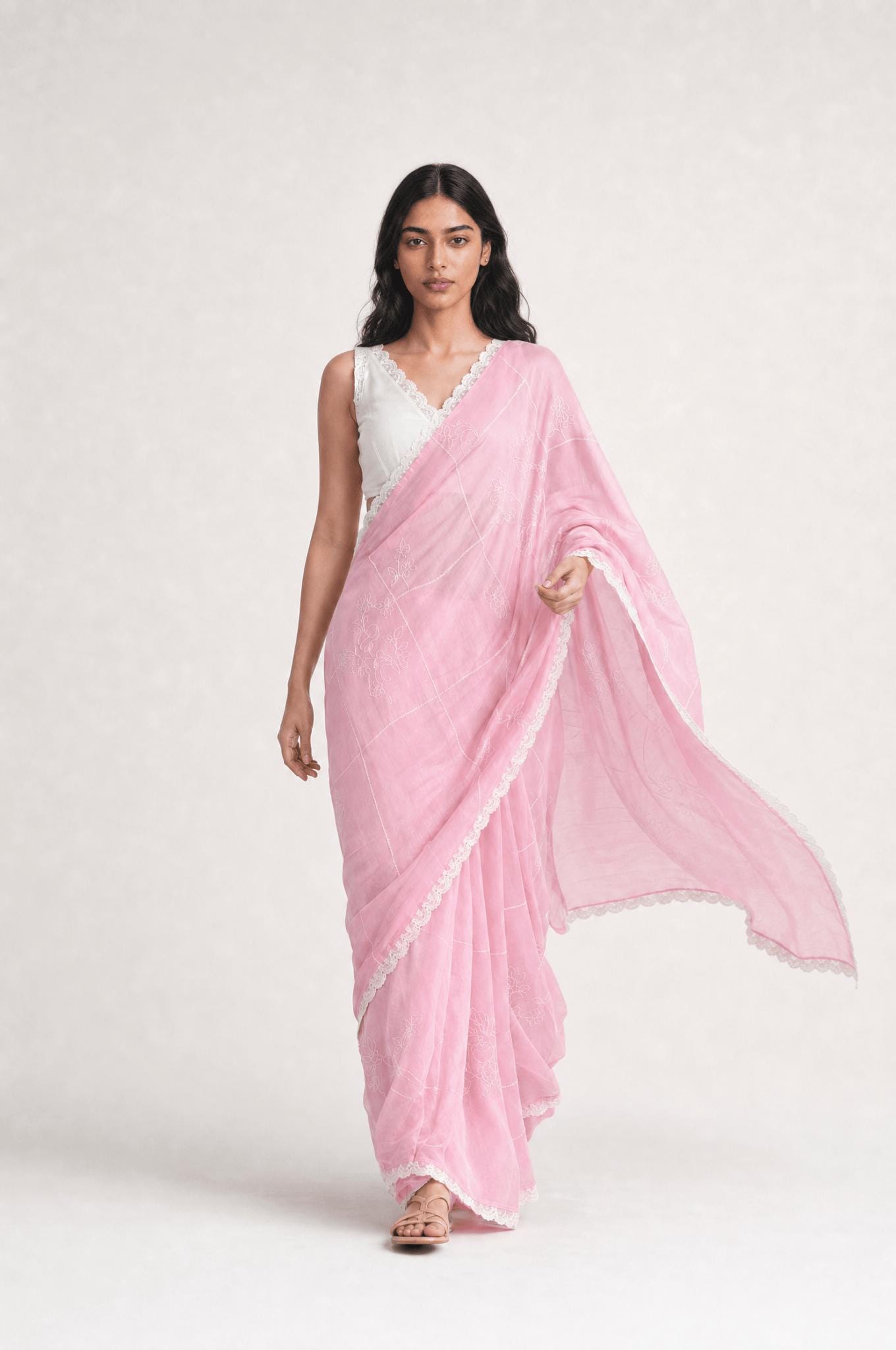 Embroidered Saree Saree Blush Pink & Off-White Mul Chanderi Saree