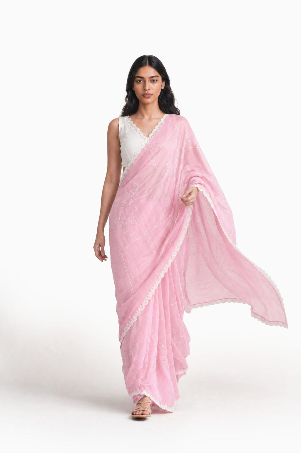 Embroidered Saree Saree Blush Pink & Off-White Mul Chanderi Saree