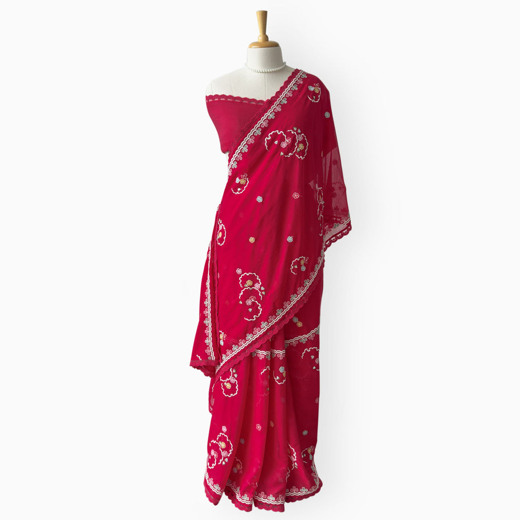 Embroidered Saree Saree Cherry Red Mul Chanderi Saree
