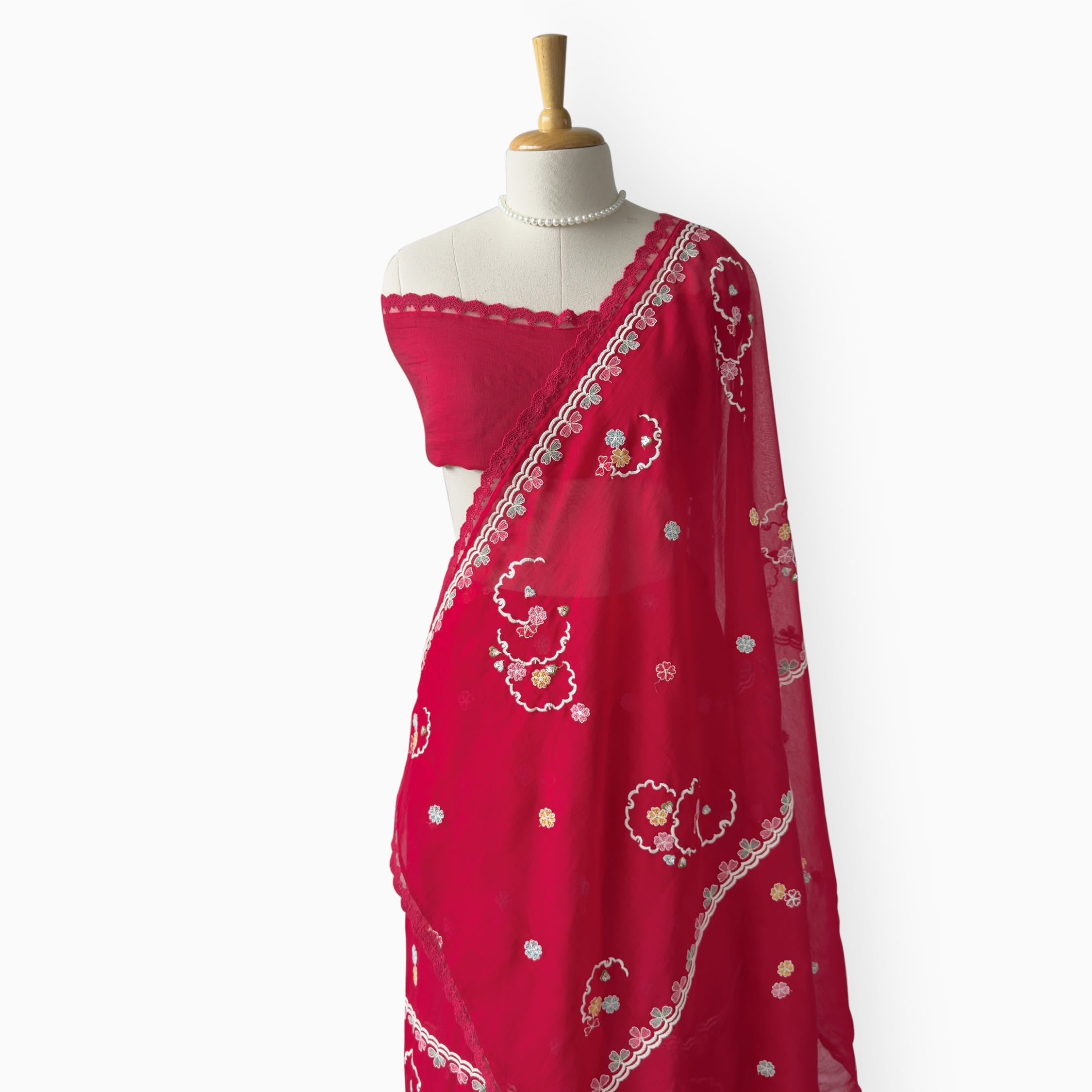 Embroidered Saree Saree Cherry Red Mul Chanderi Saree