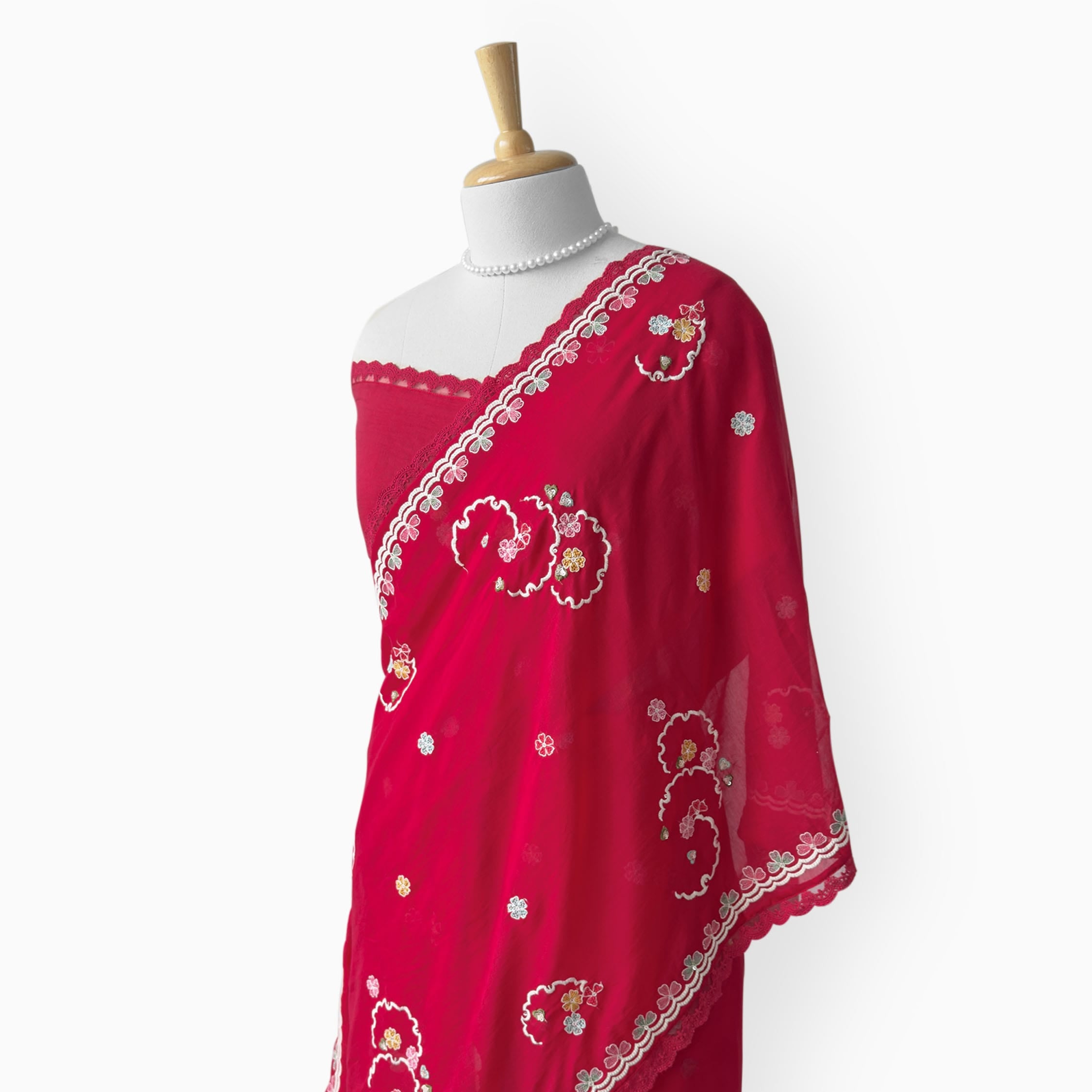 Embroidered Saree Saree Cherry Red Mul Chanderi Saree