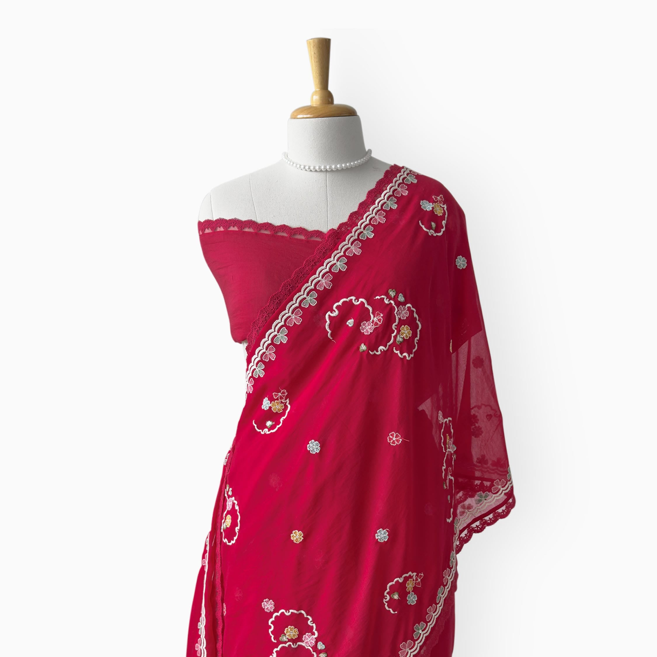 Embroidered Saree Saree Cherry Red Mul Chanderi Saree