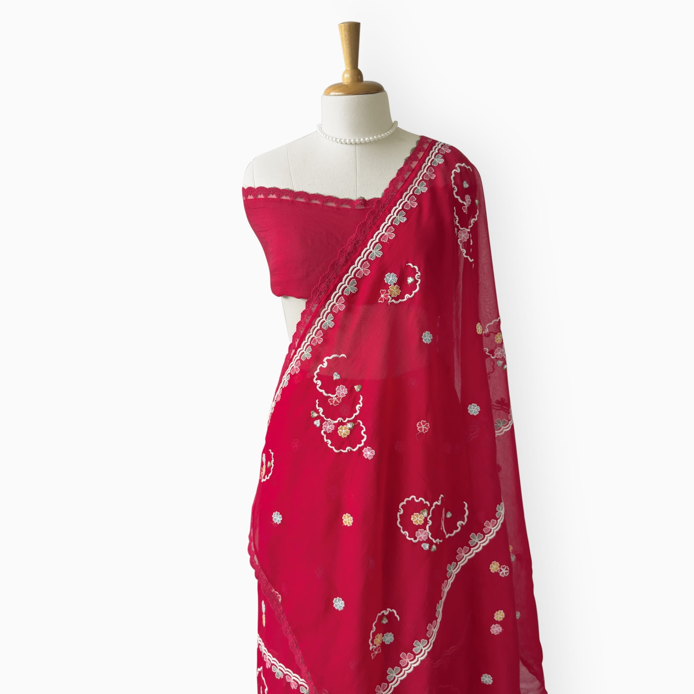 Embroidered Saree Saree Cherry Red Mul Chanderi Saree