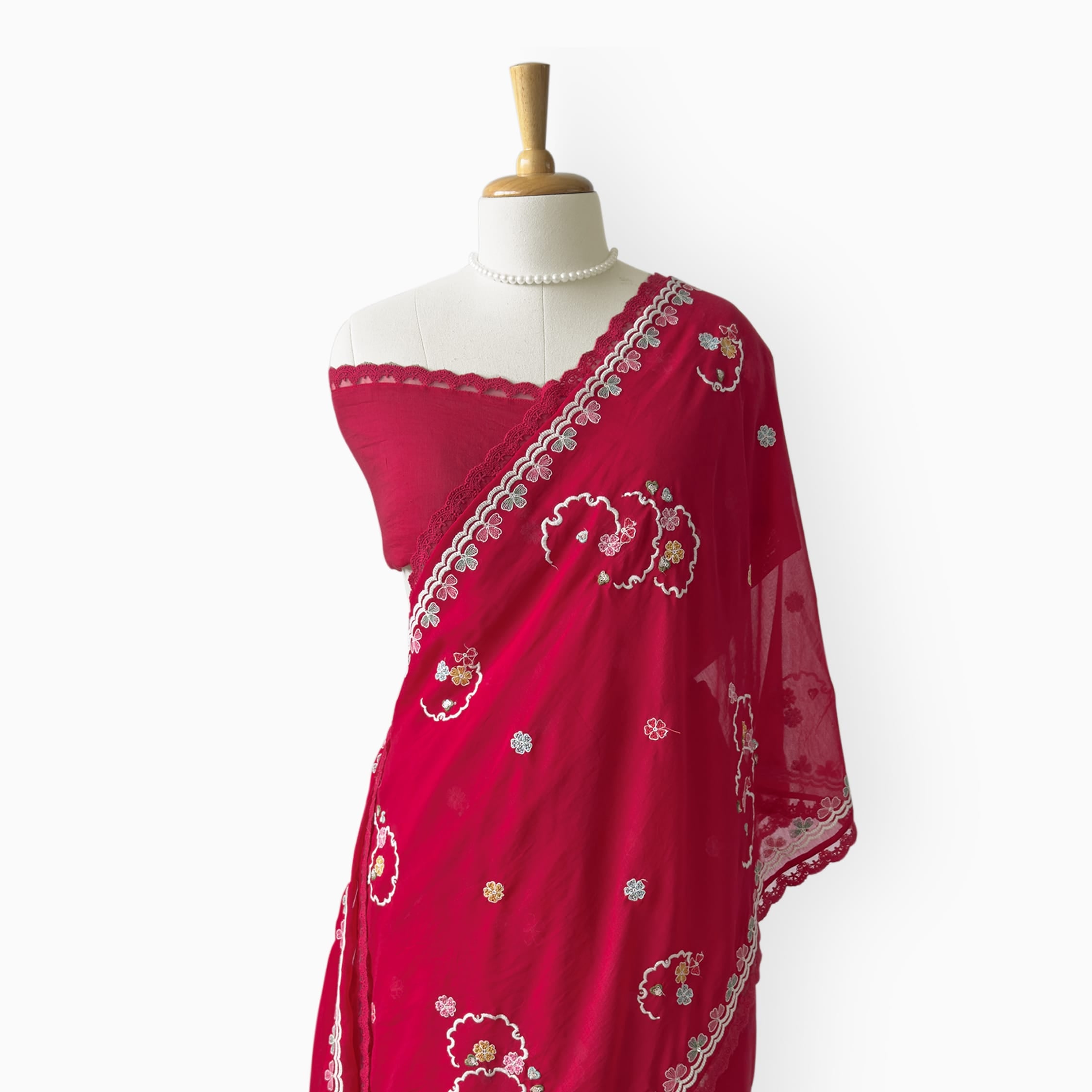 Embroidered Saree Saree Cherry Red Mul Chanderi Saree