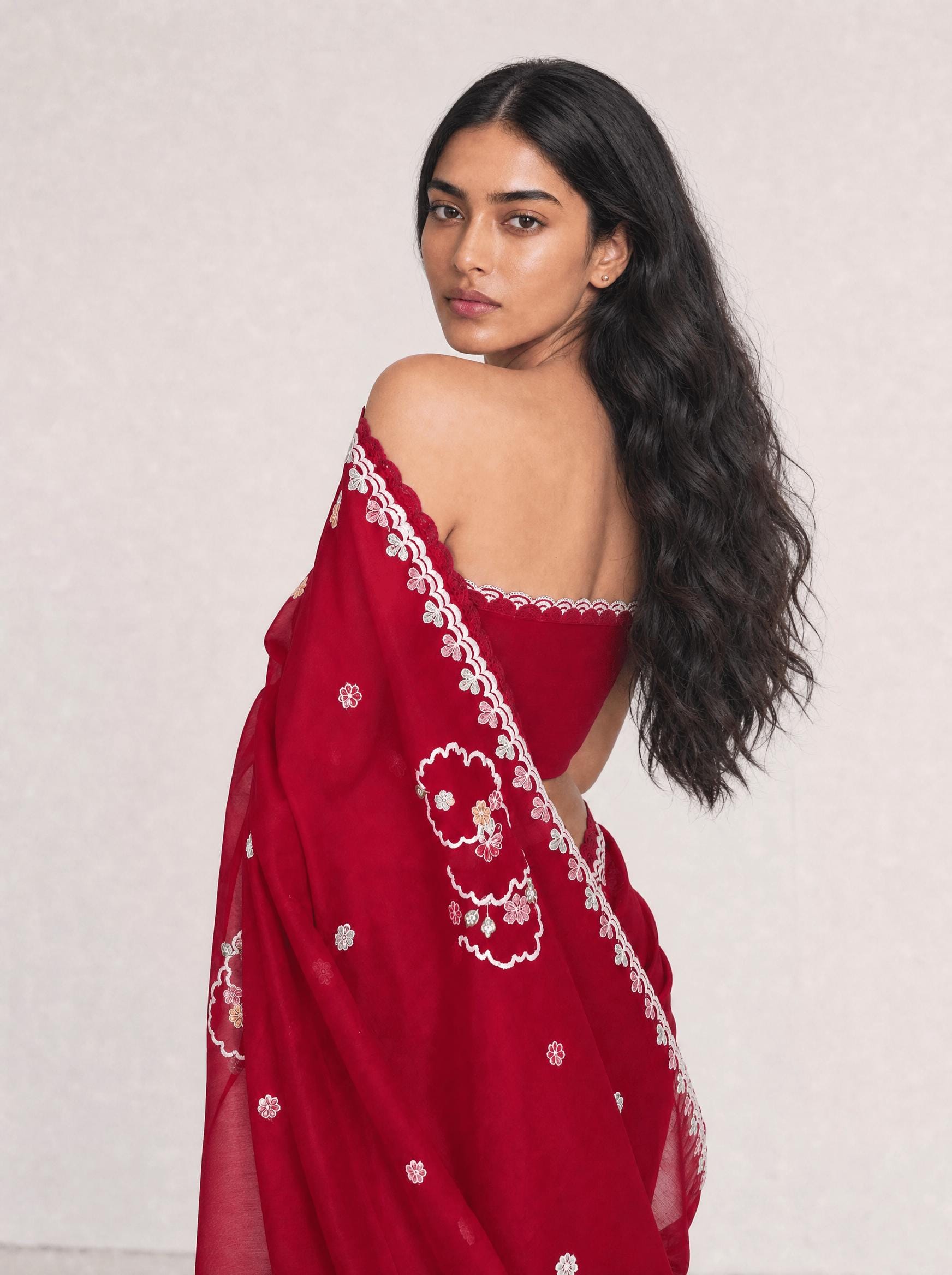 Embroidered Saree Saree Cherry Red Mul Chanderi Saree