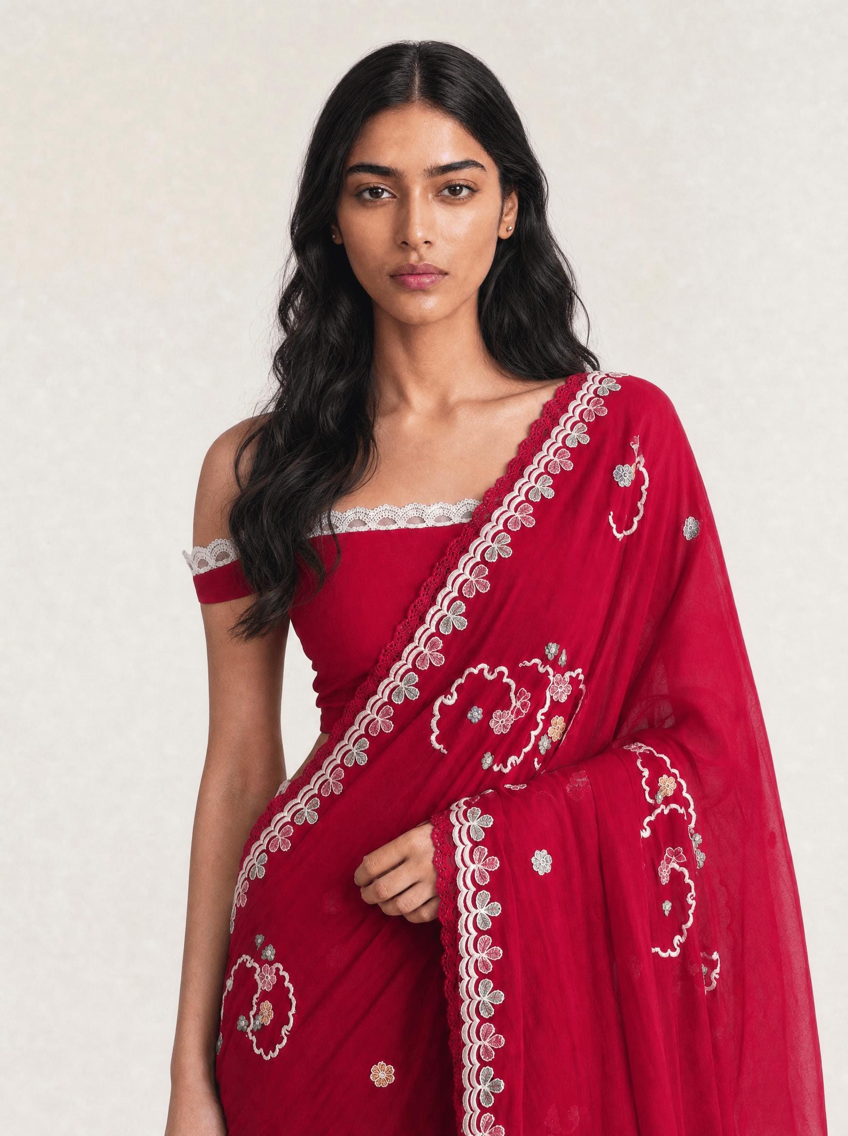Embroidered Saree Saree Cherry Red Mul Chanderi Saree