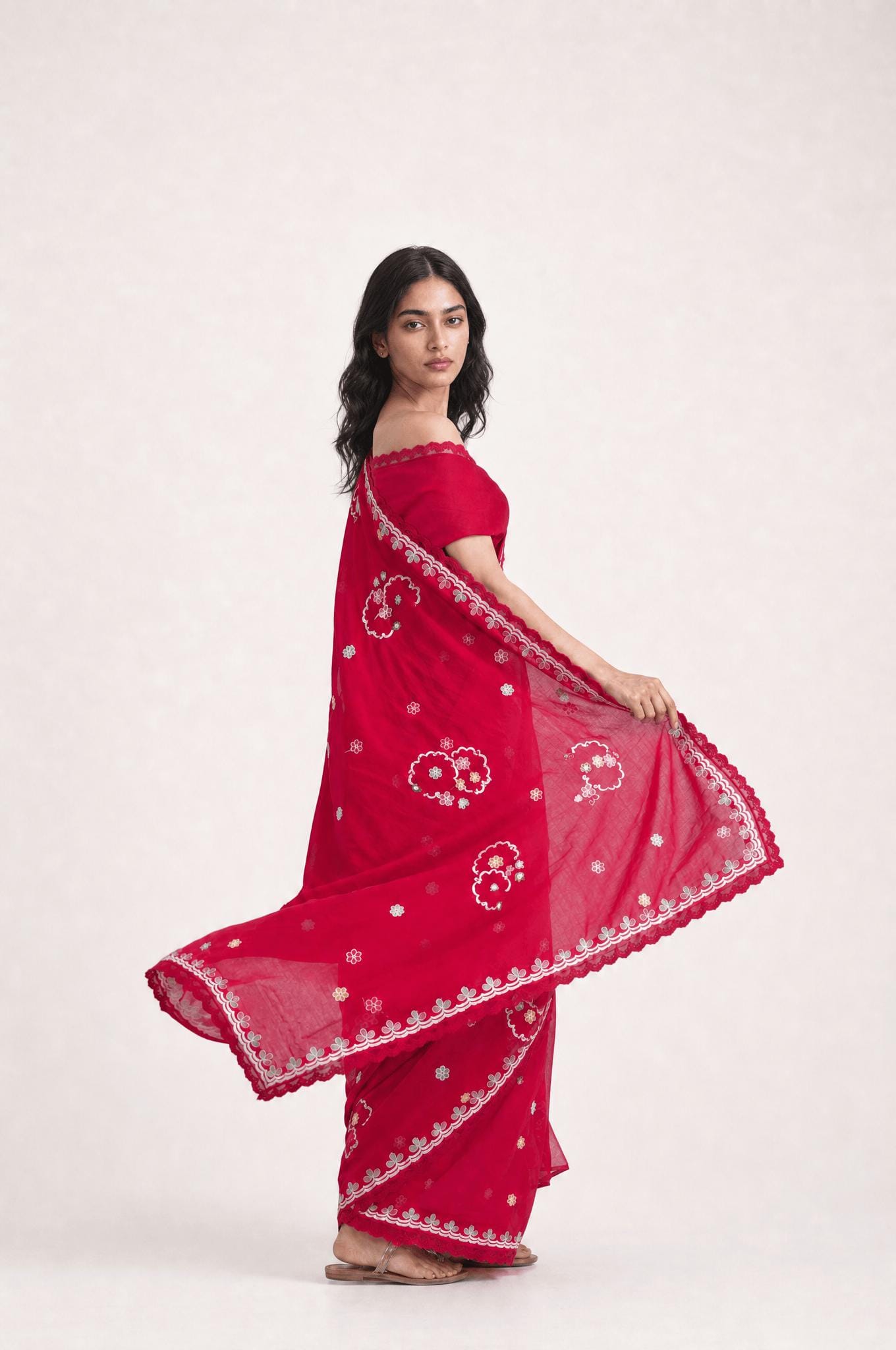 Embroidered Saree Saree Cherry Red Mul Chanderi Saree