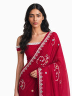 Embroidered Saree Saree Cherry Red Mul Chanderi Saree