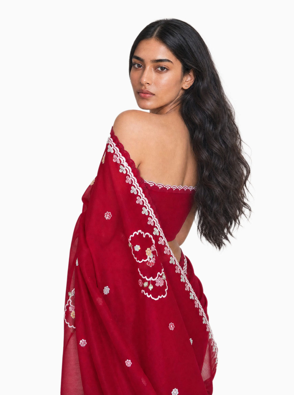 Embroidered Saree Saree Cherry Red Mul Chanderi Saree