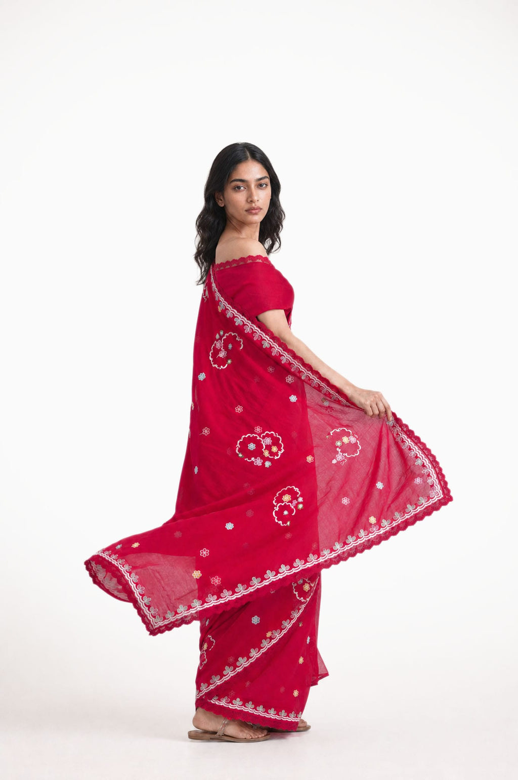 Embroidered Saree Saree Cherry Red Mul Chanderi Saree
