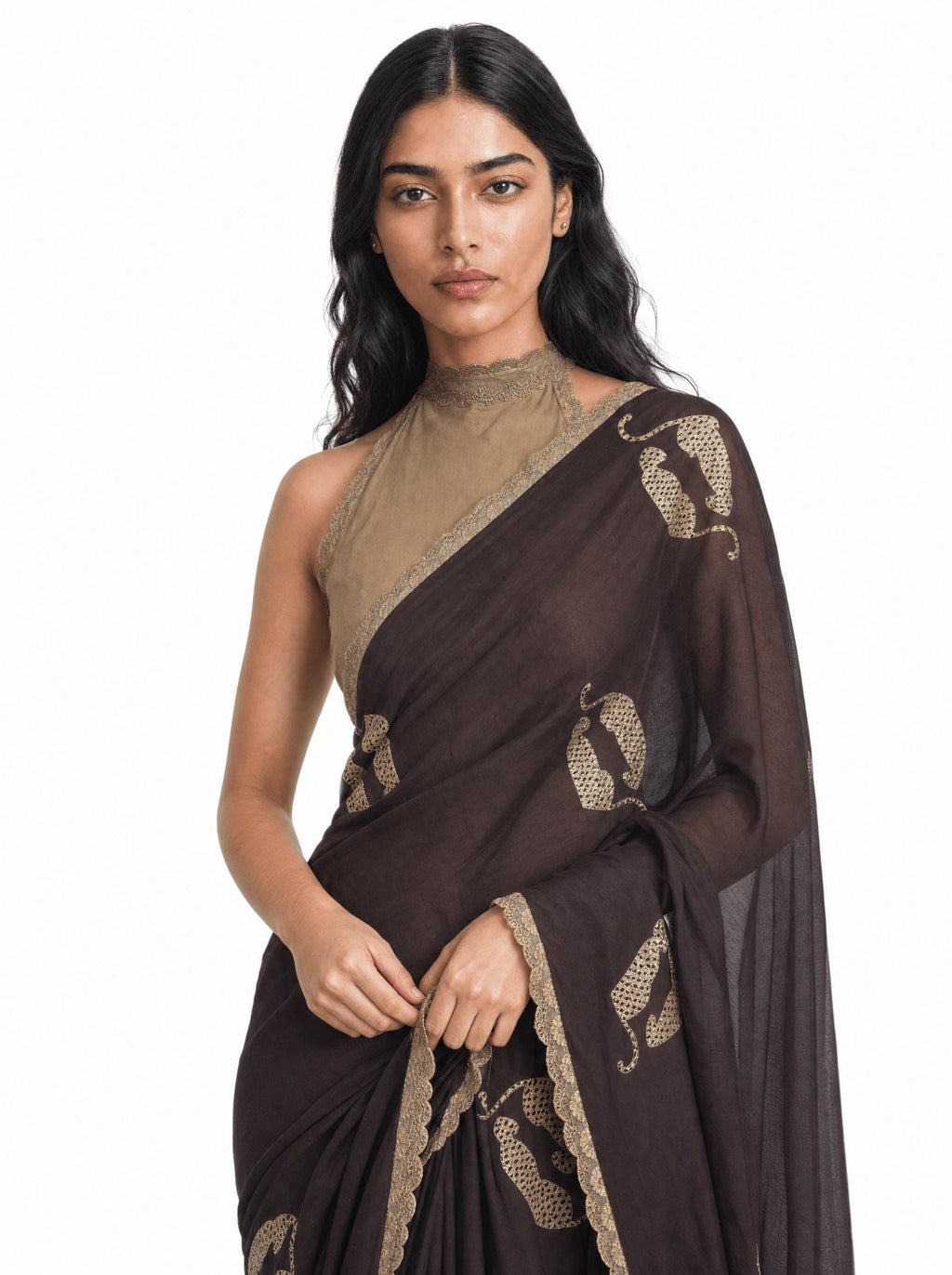 Embroidered Saree Saree Coffee Brown & Beige Mul Chanderi Saree