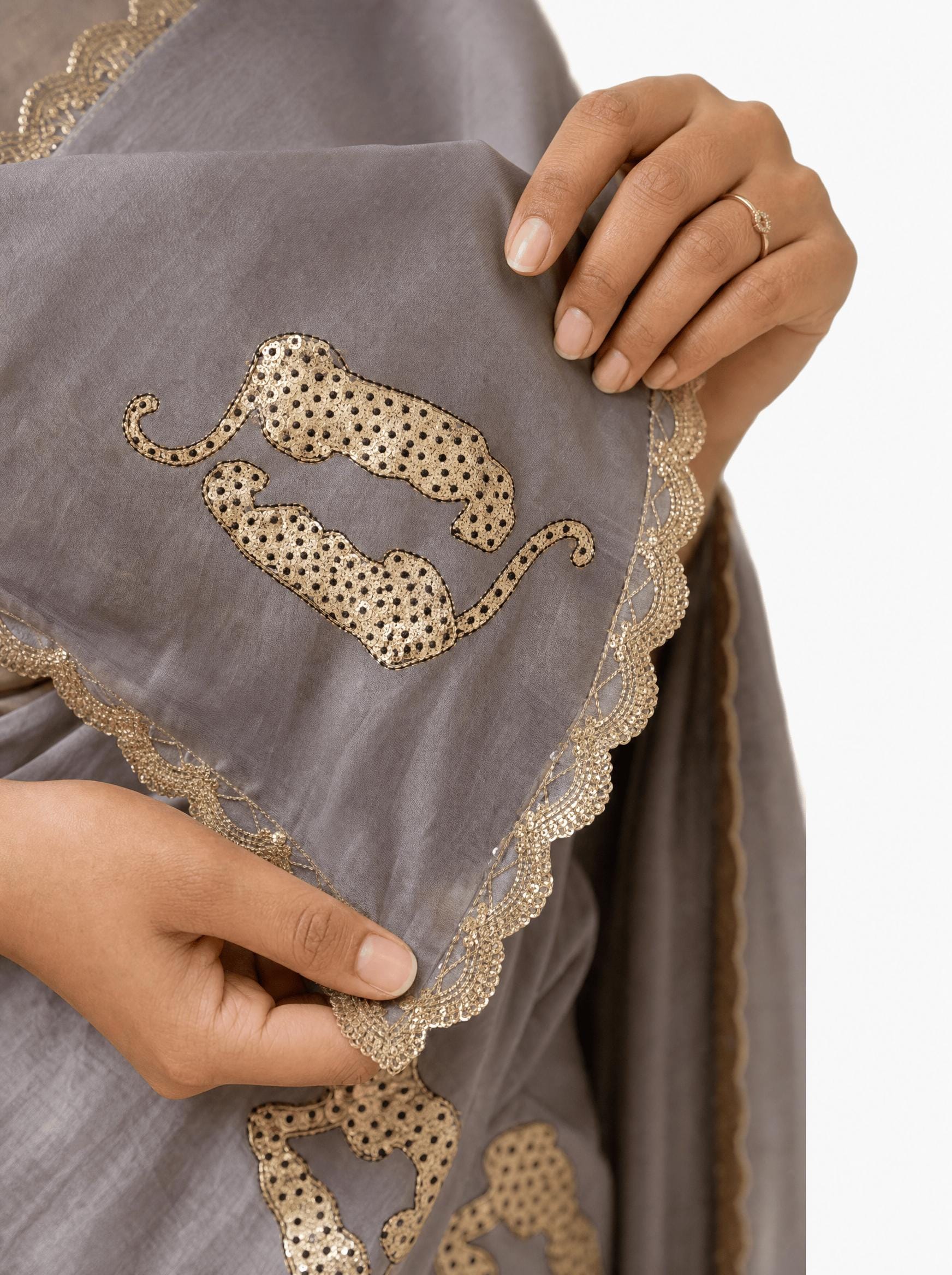 Embroidered Saree Saree Grey & Beige Mul Chanderi Saree