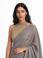 Embroidered Saree Saree Grey & Beige Mul Chanderi Saree