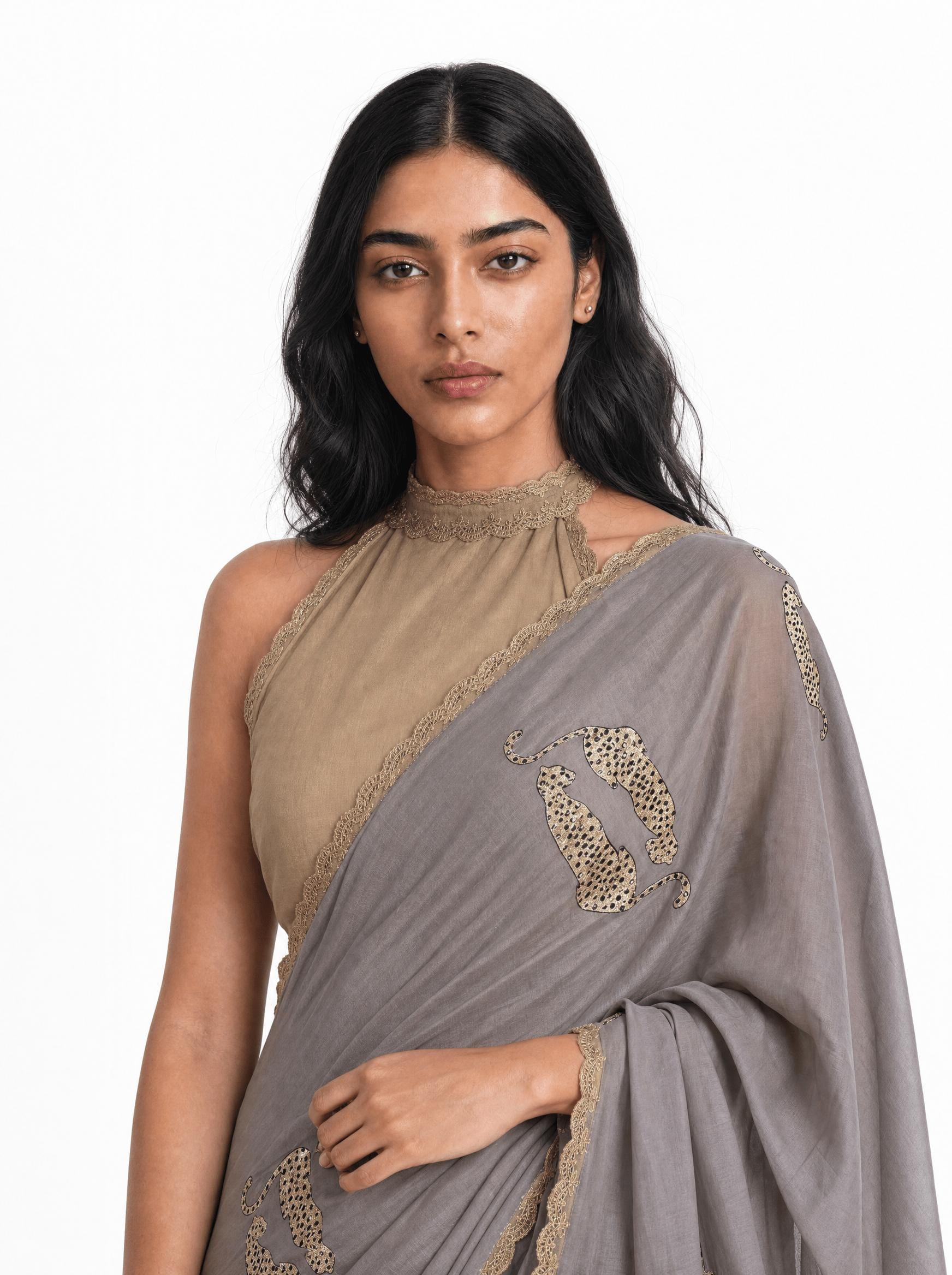 Embroidered Saree Saree Grey & Beige Mul Chanderi Saree