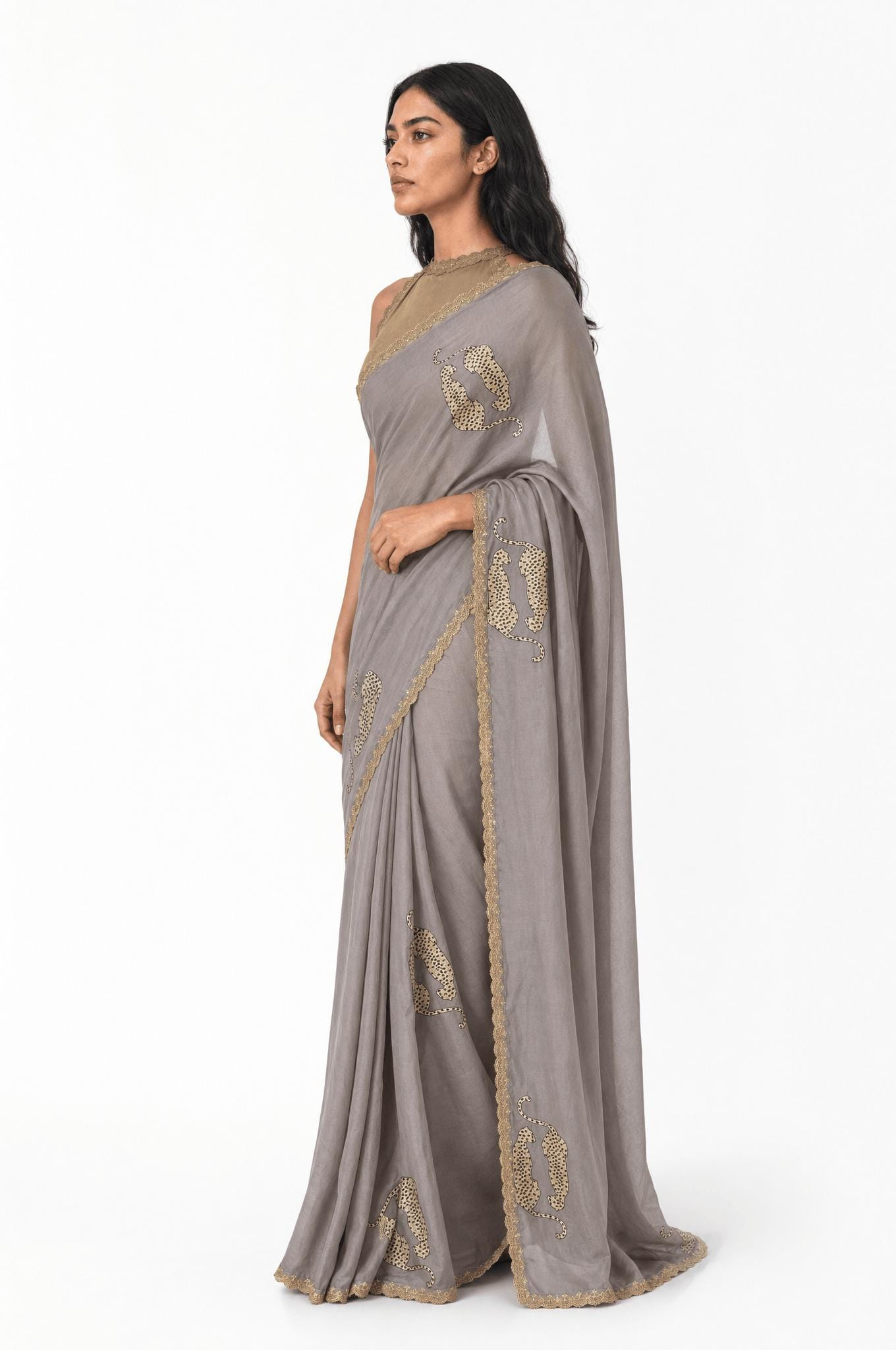 Embroidered Saree Saree Grey & Beige Mul Chanderi Saree