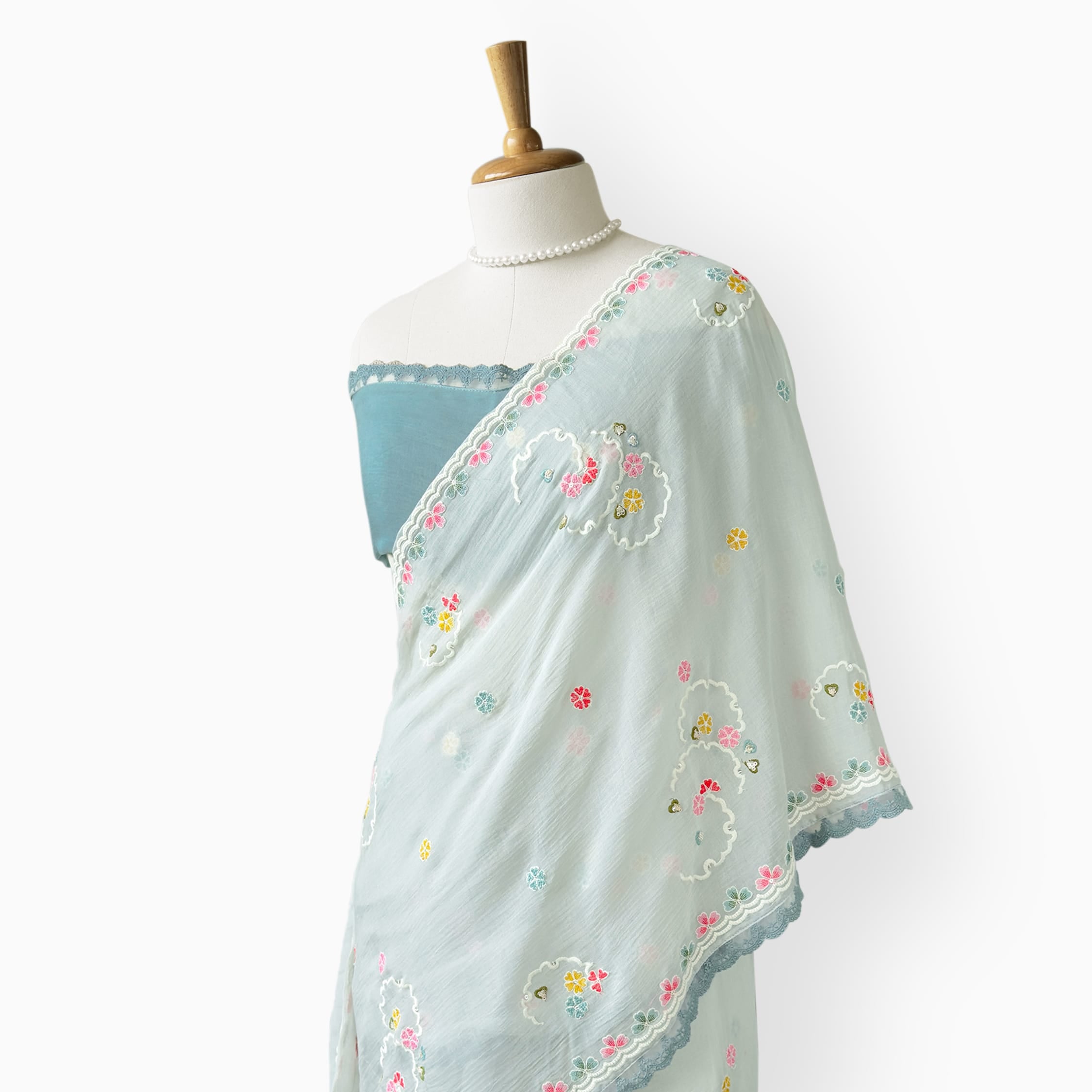 Embroidered Saree Saree Light Grey & Aquamarine Mul Chanderi Saree