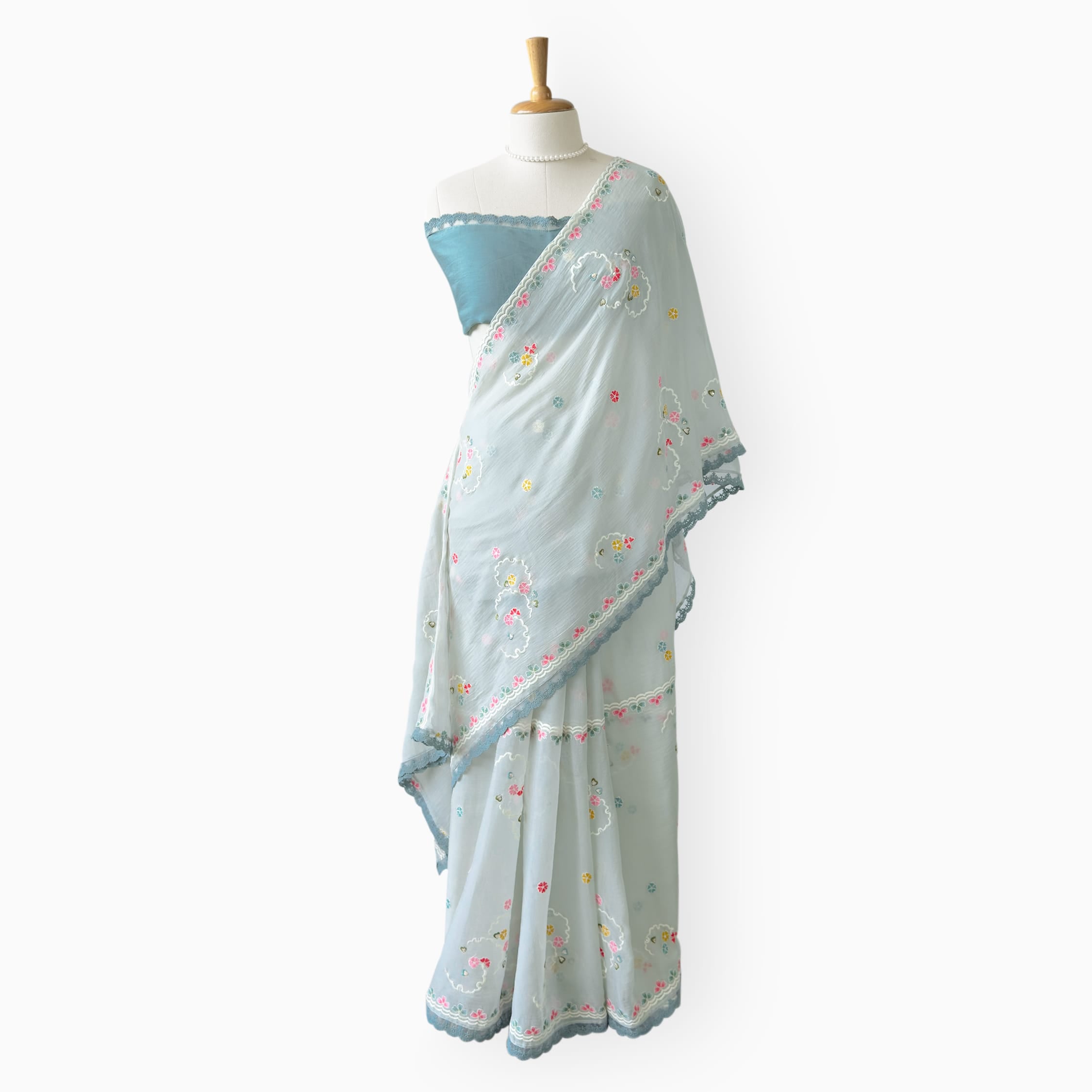 Embroidered Saree Saree Light Grey & Aquamarine Mul Chanderi Saree