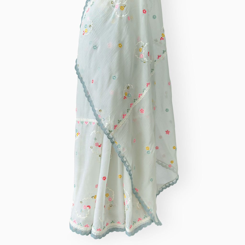 Embroidered Saree Saree Light Grey & Aquamarine Mul Chanderi Saree