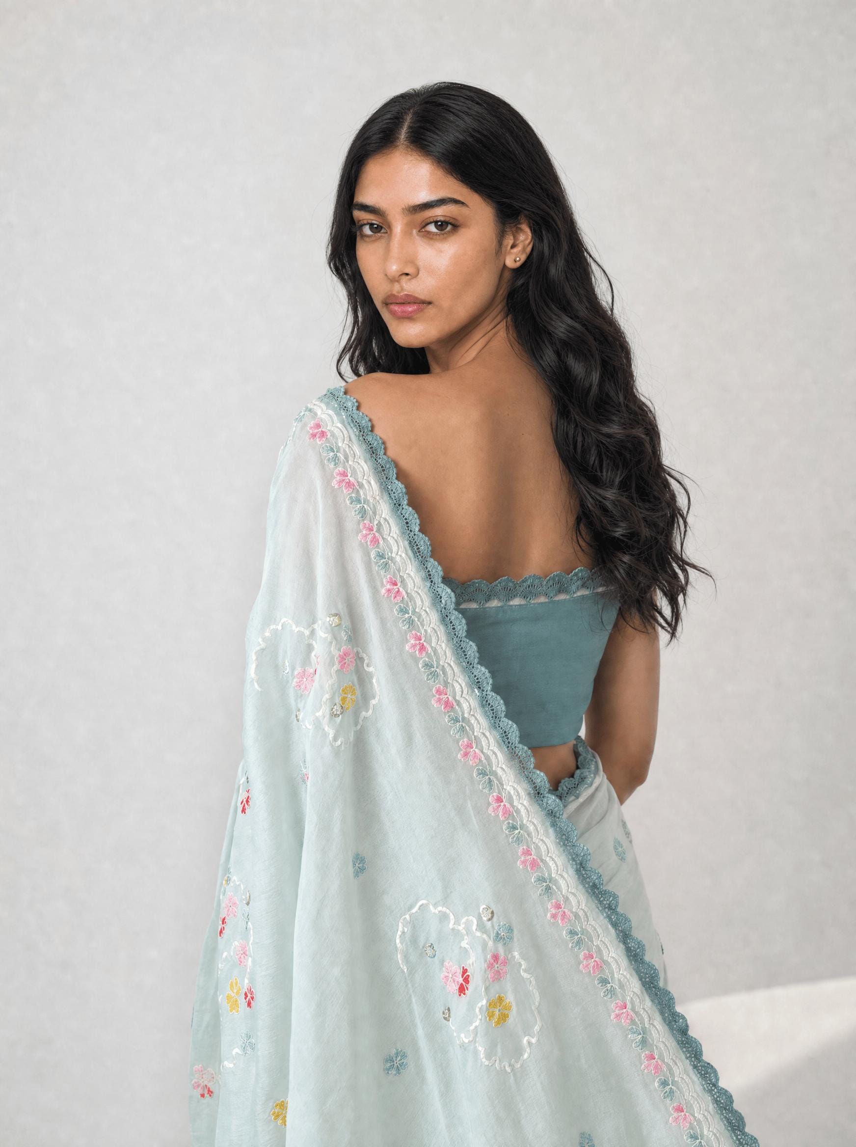 Embroidered Saree Saree Light Grey & Aquamarine Mul Chanderi Saree