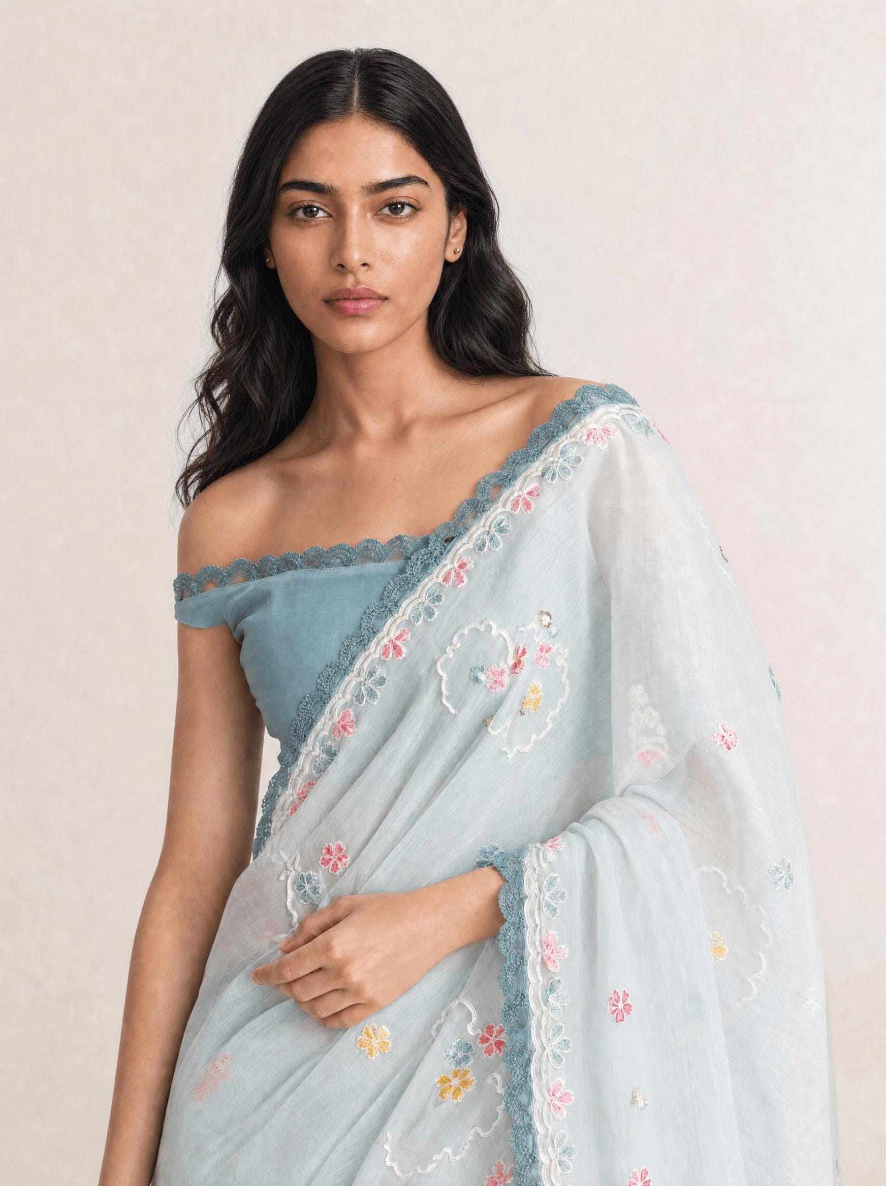 Embroidered Saree Saree Light Grey & Aquamarine Mul Chanderi Saree