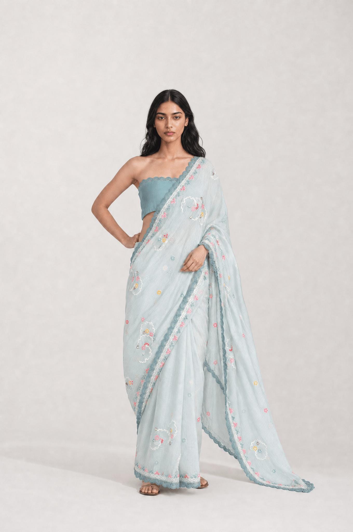 Embroidered Saree Saree Light Grey & Aquamarine Mul Chanderi Saree